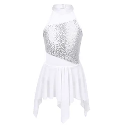 Girls Ballet Dance Dress Sequins Hollow Out Leotard Dress Kids Lyrical Sleeveless Dance Costume Contemporary Gymnastics Ballroom