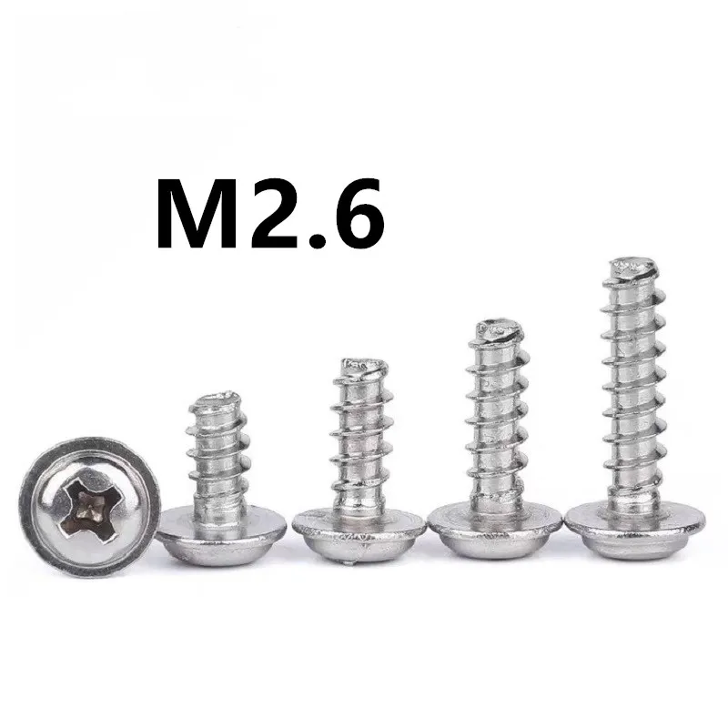 100pcs/lot M2.6x6/8/10/12mm 304 stainless steel PWB plate head, flat tail and cushion self-tapping screw