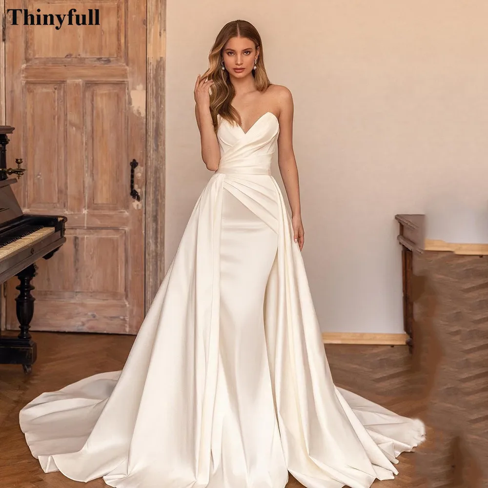 Thinyfull 2 Pieces Mermaid Wedding Dresses Soft Satin Removable Skirt Bride Party Gowns For Wedding Pleats Long Bride Dress 2022