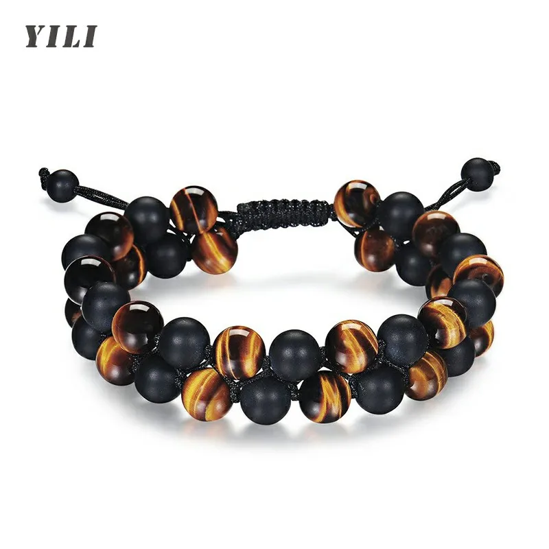 8MM Tiger Eye Stone Bracelet Men Women Natural Stone Lava Rock Black Onyx Tiger Eye Beads Bracelet Adjustable Couples