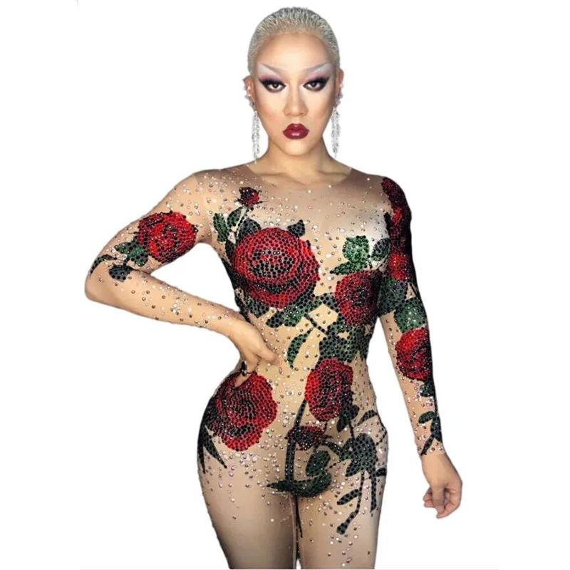 

Women Bright Crystals Rose Flower Rhinestones Jumpsuit Female Bodysuit Sexy Costume For Singer Dancer Nightclub Stage DJ Party