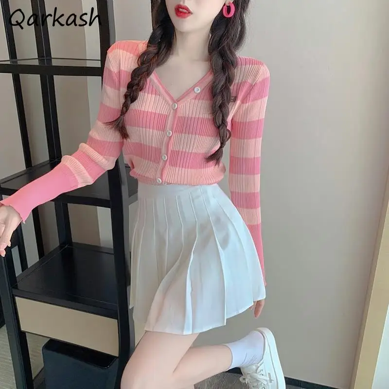 

Sets Women Pleated Striped Slim All-match Girls Lovely Harajuku Simple V-neck Stylish Clothes Mujer Students Ulzzang Holiday Ins