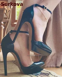 Surkova czarna matowa skórzana platforma buty na wysokim obcasie klamra na kostce pasek szpiczasty nosek pompka imprezowa eleganckie obuwie damskie Size46