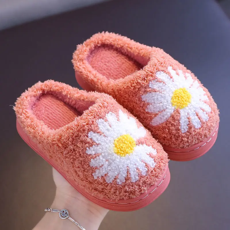 Daisy Children Furry Slippers Autumn Winter Warm Home Indoor Cotton Fluffy Slippers Comfort Non-Slip Boys Girls Toddler Shoes