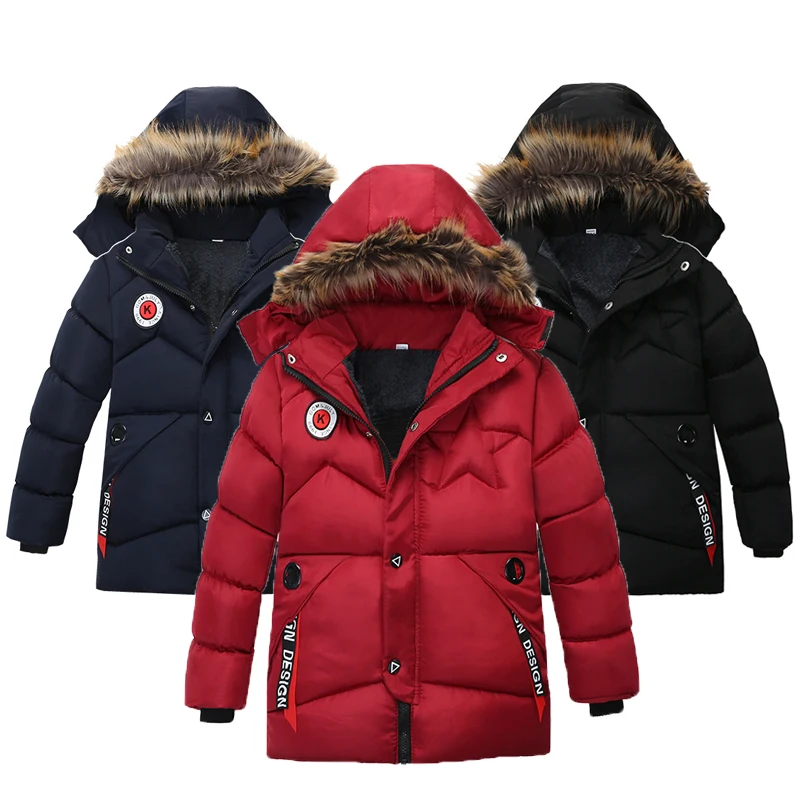 Autumn Winter Boys Jacket Keep Warm Cotton Thicken Kids Jacket Fur Collar Solid Color Zipper Boys Outerwear Children\'s Clothing