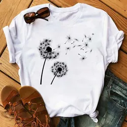 Maycaur New Cute Dandelion Printed Women T Shirt Cartoon Graphic Printed White Ladies T-shirt Casual Woman Shirt Funny Tees Shir