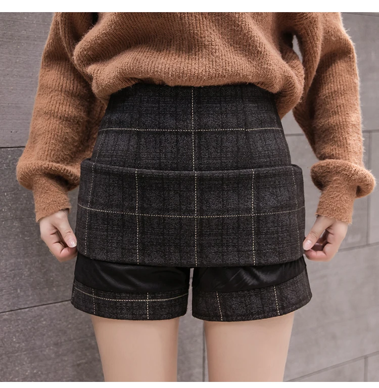 Women\'s Thick Woolen Skirt, High Waist Mini Plaid Skirts, Warm Wool Boots, Autumn, Winter