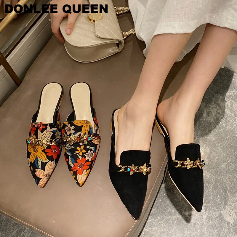 New Women Slippers Pointed Toe Rubber Metal Chains Flat Slide Footwear Fashion Casual Mule Shoes Big Size 41 42 Zapatos De Mujer