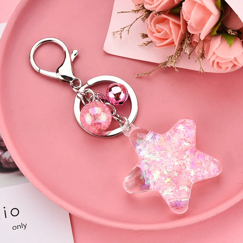 Five-Pointed Star Sequin Acrylic Key Chain Move Glitter Quicksand Liquid Keyring Bag Pendant For Women Men Keychain