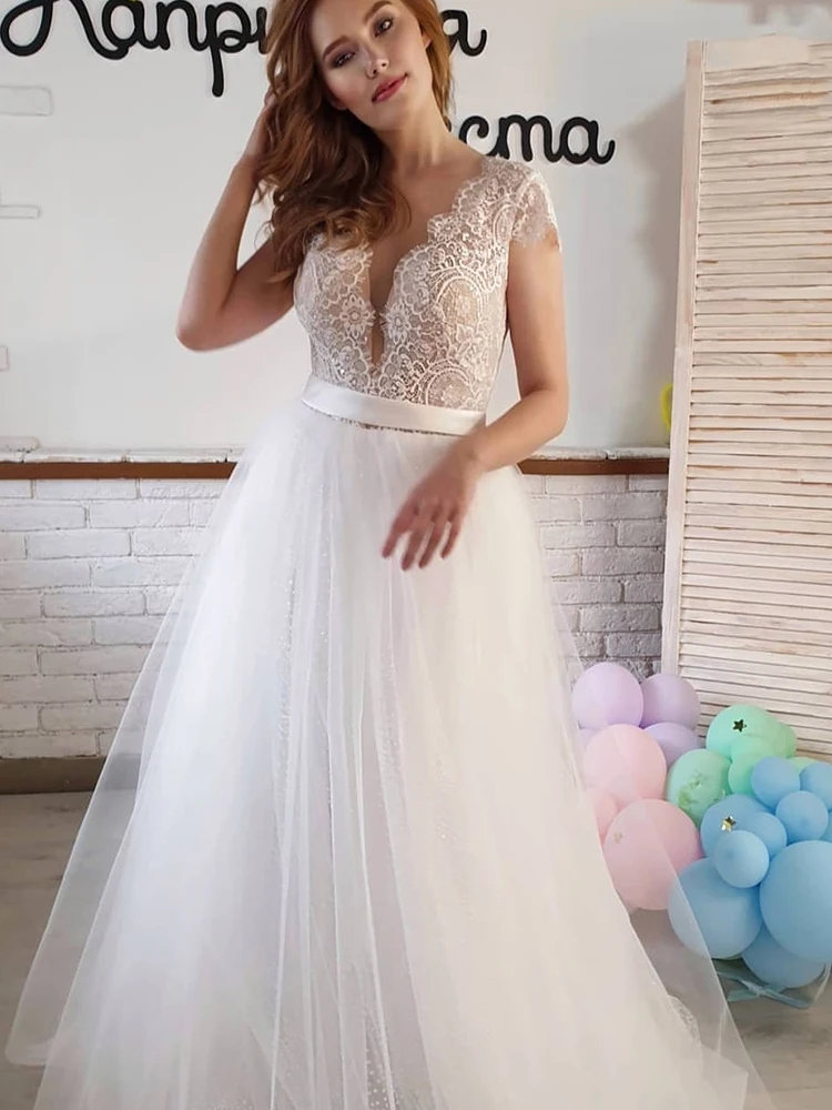 Gaun Pernikahan Cemerlang Gaun Pengantin Applique Renda Putih Tule Tanpa Lengan Leher V A-Line untuk Wanita Jubah Cantik De Mariee