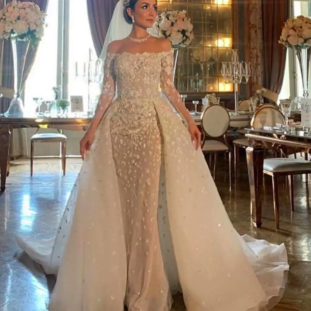 SuperKimJo Detachable Train Elegant Wedding Dresses for Bride Lace Applique 3D Flowers Boat Neck Wedding Gown Vestido Novia