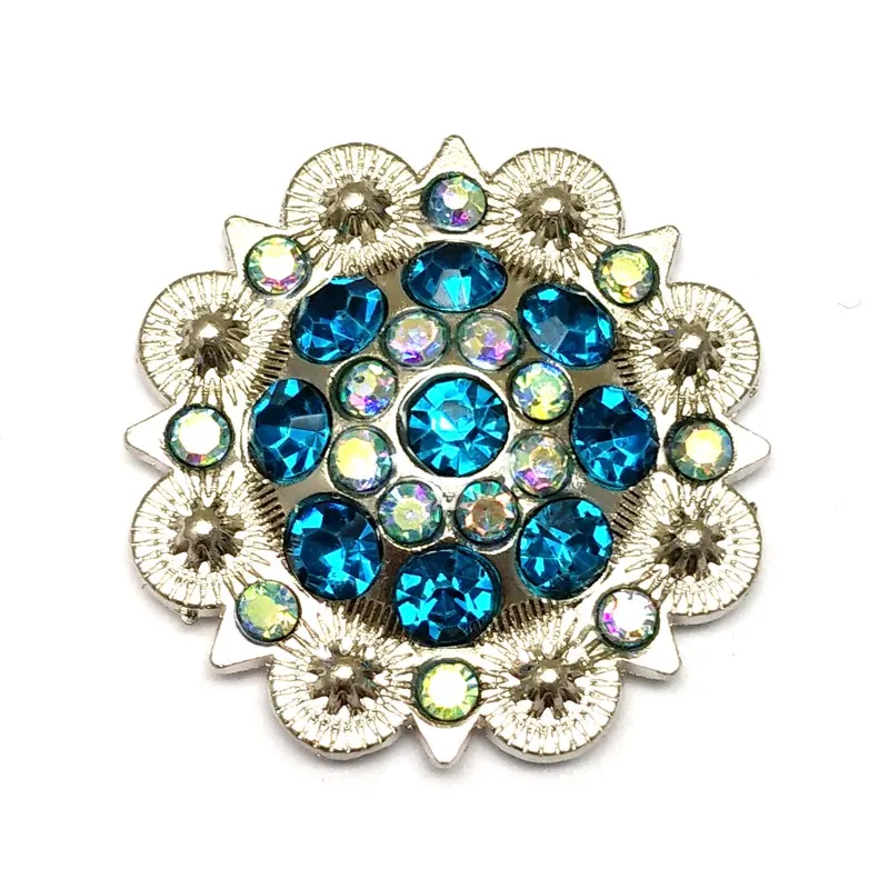 

12pcs/Lot Metal Conchos Flower with Lake Blue Deep Blue Rhinestone Decoration for Belt Accessories Rhinestone Can be Customized