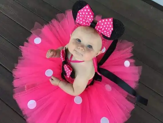 2021 Girls Rose Red Tutu Dress Set Baby Minnie Birthday Party Princess Dress With Headband Halloween Polka Dot Costume Cosplay