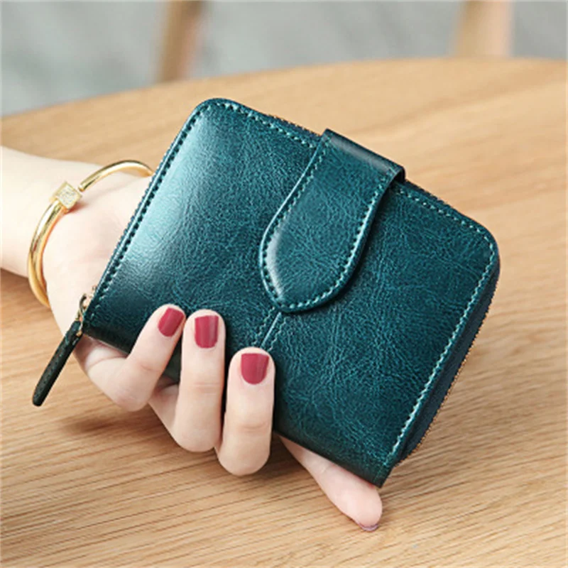 100% Genuine Leather Women's Wallet Vintage Oil Wax Leather Short Ladies Wallet Zipper Small Coin Purse Credit Card Holder