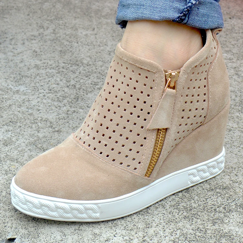 Fashion Women Perforation Hole High top Suede Ankle Boots Female Thick Sole Wedge Heels Zapato Height Increasing Bottines