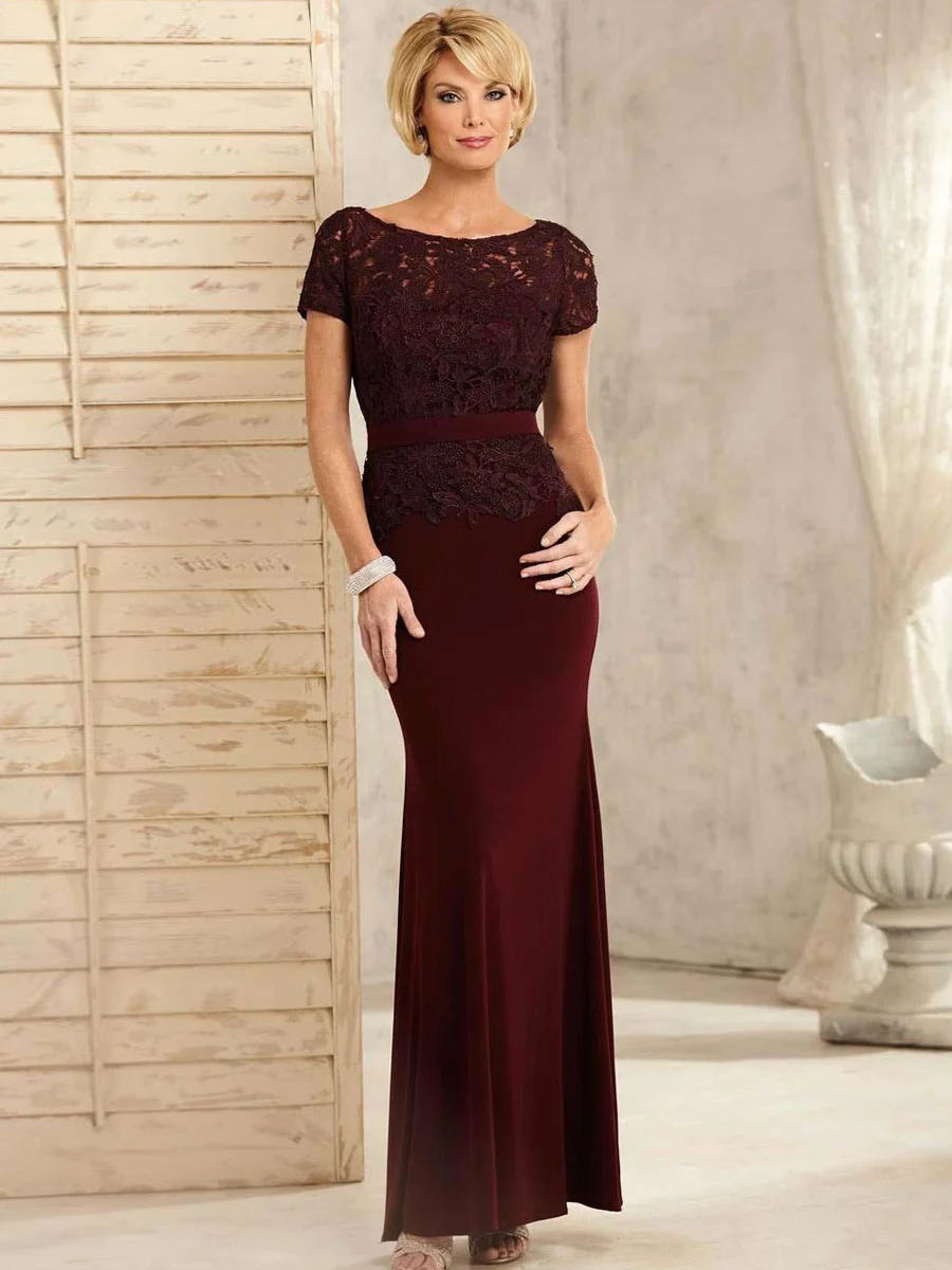 Mermaid Scoop Floor-Length Lace Burgundy Mother of the Bride Dresses With Sashes