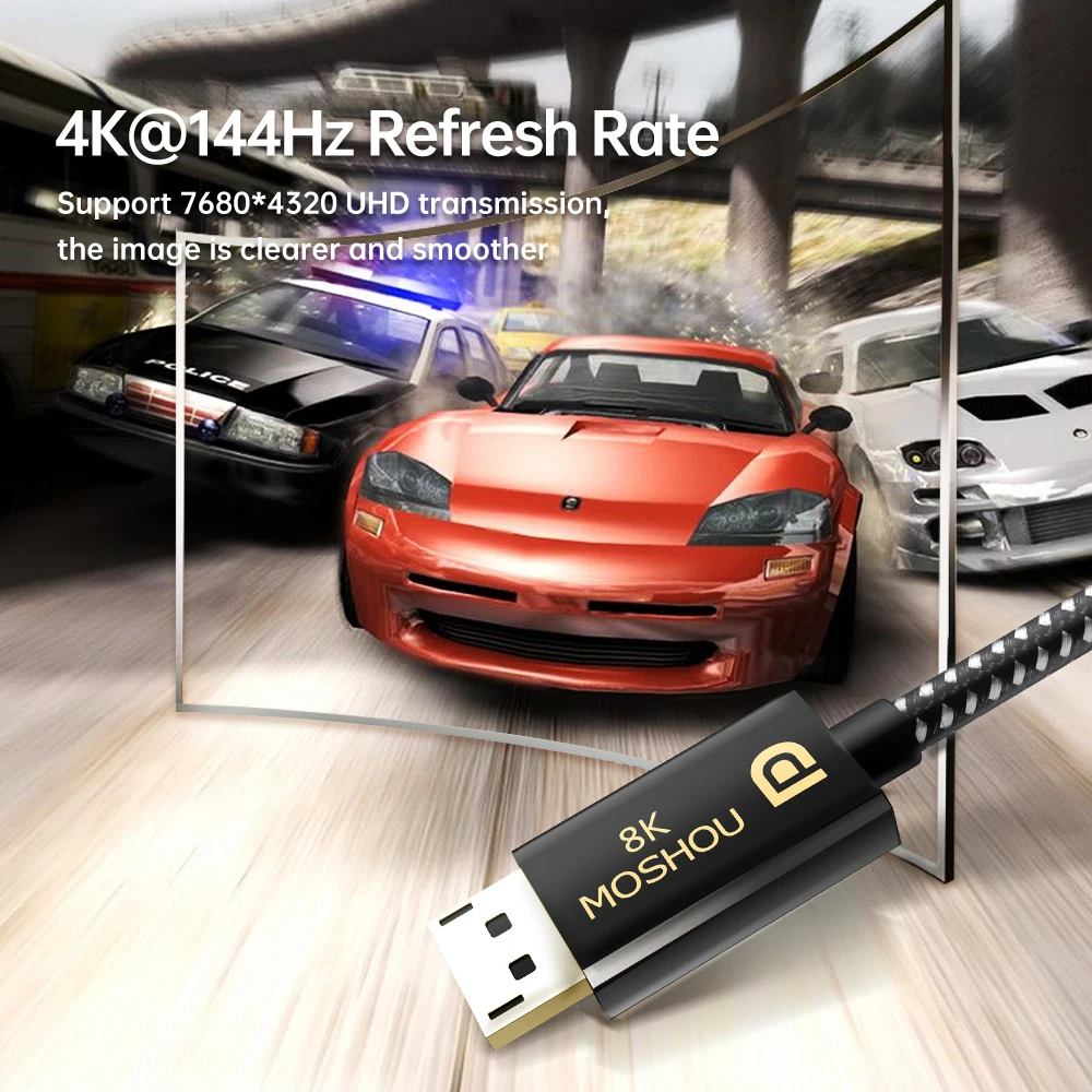 MOSHOU-Cable DisplayPort 2,0, 8K, 60Hz, 4K, 144Hz, 77,4 Gbps, adaptador de puerto de pantalla para vídeo, PC, portátil, TV, 3080 RTX, PS4, PS5, proyector