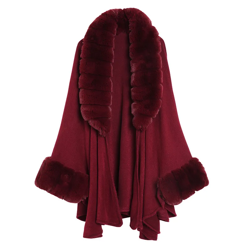 Mantello alla moda cappotto Streetwear lavorato a maglia donna Grande Grande collo in pelliccia di volpe sintetica collo lungo allentato maniche a pipistrello Poncho Cape