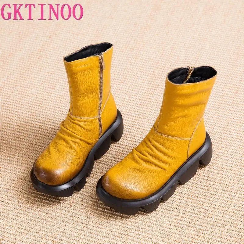 GKTINOO Ankle Boots Women Genuine Cow Leather Platform Bootie Side Zipper Soft Comfortable Autumn Winter Ladies Shoes Handmade