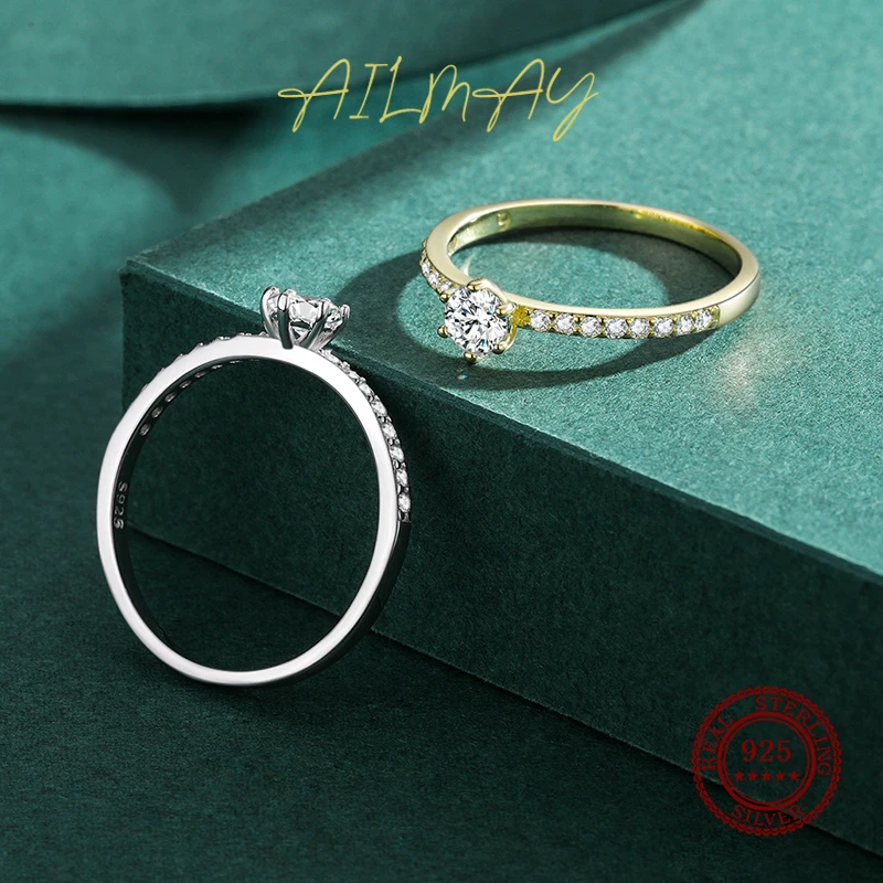 Ailmay คลาสสิก925เงินสเตอร์ลิงประกาย Clear Zircon แหวนสำหรับหมั้นแต่งงาน Fine เครื่องประดับหญิง