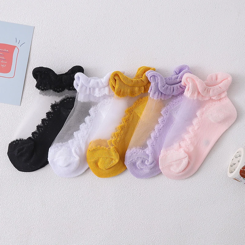 5 Pairs/lot Children\'s Girls Summer Ultra-thin Socks Kids Girls Crystal Sheer Socks Invisible Edge-rolling Mouth Short Socks