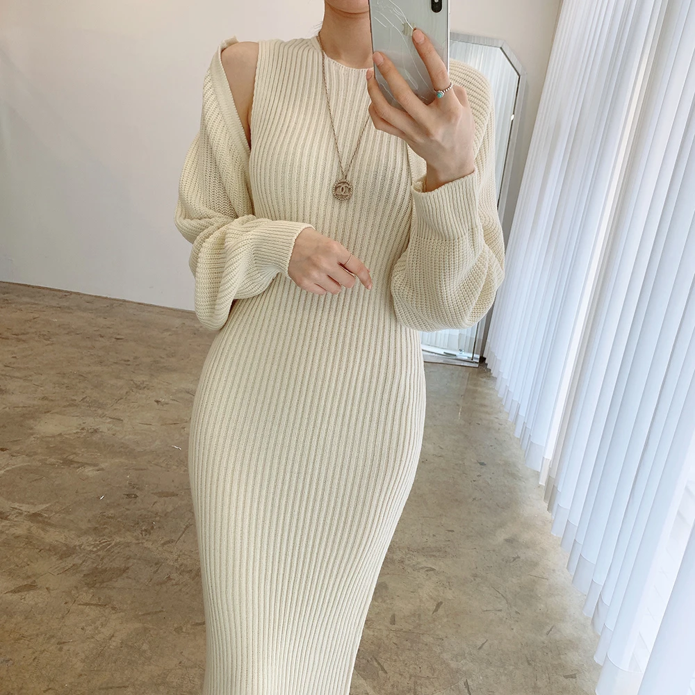 Croysier Fall Winter Two Piece Set Women Clothing 2021 Fashion Shawl Cropped Cardigan And Ribbed Knitted Bodycon Midi Dress Sets