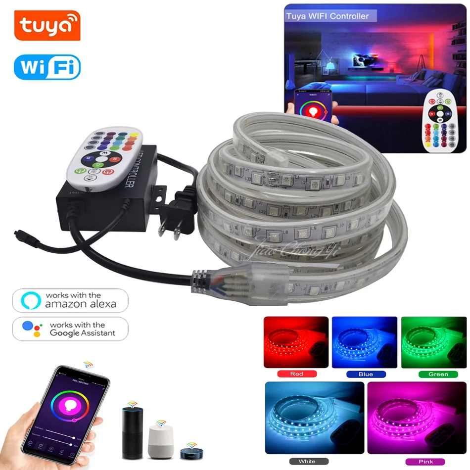 Smart Tuya WiFi App controller Voice Control with AC110V 220V 5050 RGB 60led/m Flexible LED Strip Tape IP67 Waterproof