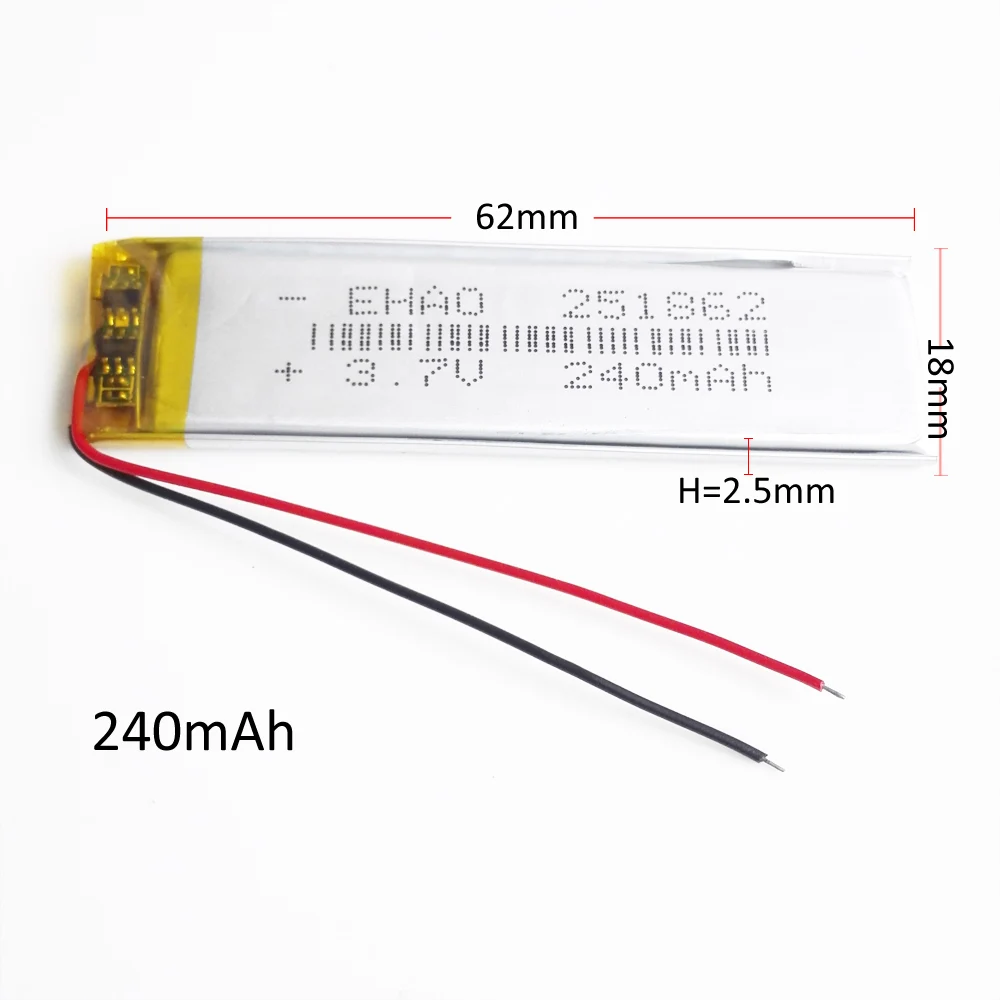 10 PCS 3.7V 240mAh Lithium Polymer LiPo Rechargeable Battery 251862 For Mp3 GPS Bluetooth Headphone Recorder Speaker Smart Watch