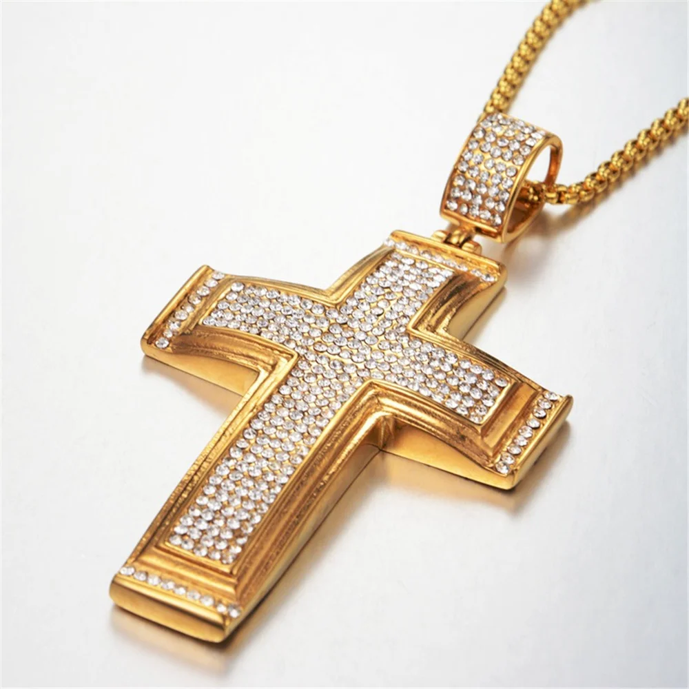 

Hip Hop Iced Out Jesus Big Cross Pendant Necklaces Male Gold Color Stainless Steel Micro Pave CZ Cross Necklace For Men Jewelry