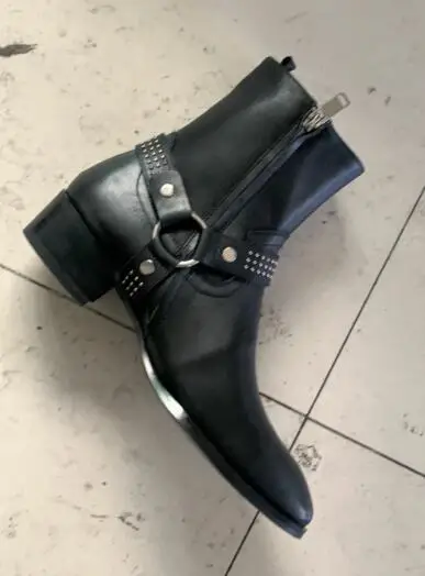 Men Chelsea Boots Black Genuine Leather Cross Buckle Ankle Boots Flats Side Zipper big size 45 46 for shoes man