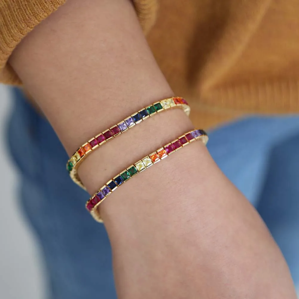 Creative gifts rainbow bracelet& bangles fashion square cz tennis chain glod filled fashion jewelry chic multi color zircon NEW