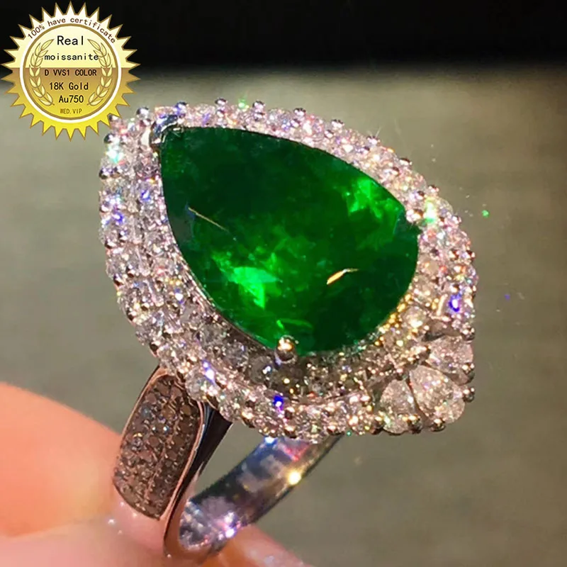 

9K Gold ring Lab Created 5ct Emerald and Moissanite Diamond Ring With national certificate Em-0018