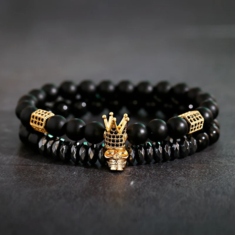 Роскошные мужские череп из каменных бус Erkek Bileklik браслет набор черный CZ Корона медные браслеты для женщин Pulseras Mujer