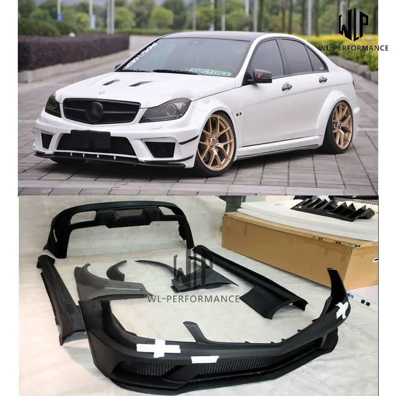 

W204 C300 C63 Frp Unpainted Wide Car Body Kit Front Rear Bumper Side Skirts Engine Hood for Mercedes-benz W204 06-12