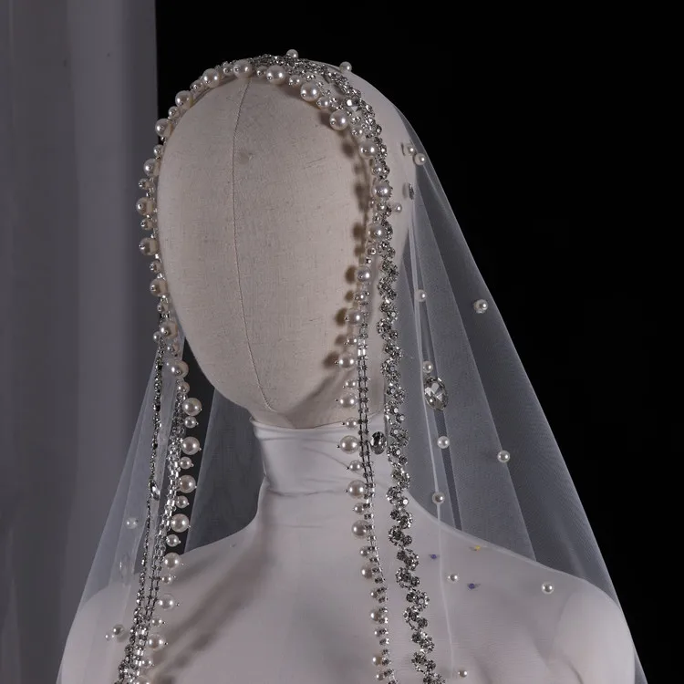 Vintage Hoge Kwaliteit Parels Met Strass Wit Ivoor Kleur Bruid Veils Bruiloft Hoofdtooi Belos Arabes المرأة الحجاب