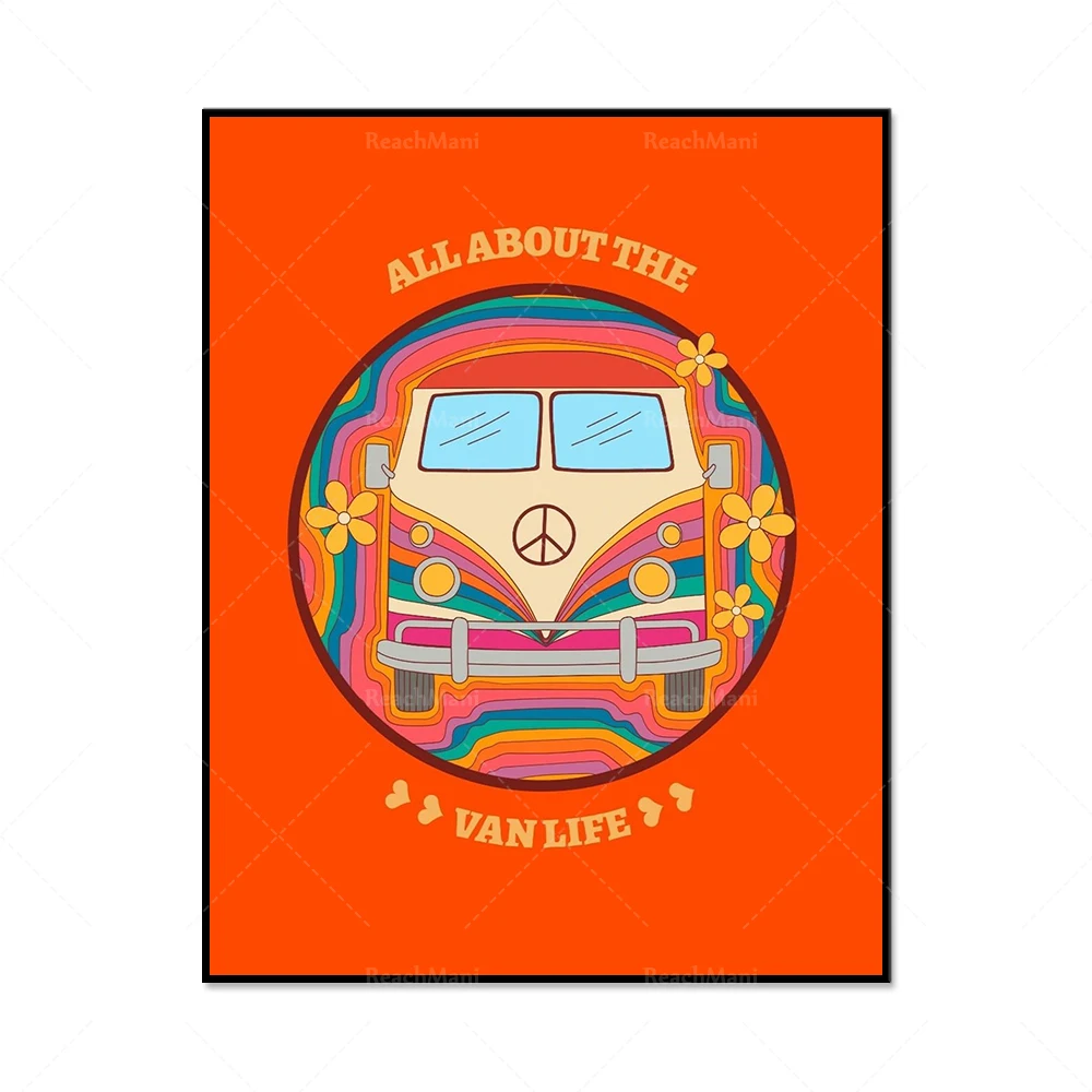 Retro van life wall art, camper van poster, skateboard printing wall decoration, pink retro decorative poster