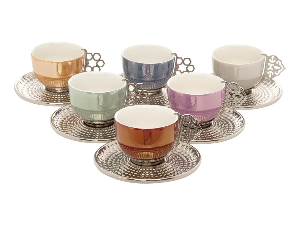 Espresso Coffee Cups with Saucers Set of 6, Porcelain Turkish Greek Silver Coffee Cups and Saucers, coffee Cup For Women, Men