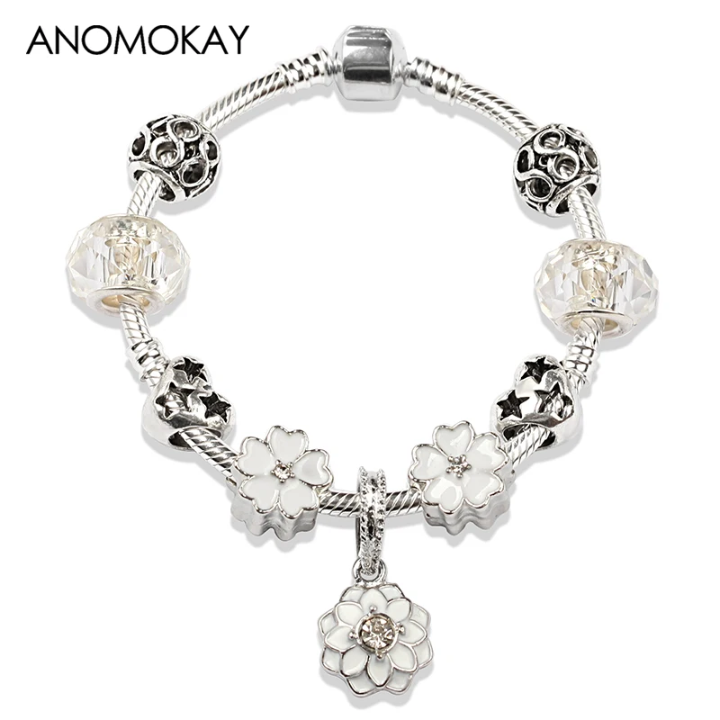 Dropshipping Hot Classic White Enamel Crystal Bead Bracelet Antique Silver Color Diy Charm Bracelet Fashion Jewelry for Women