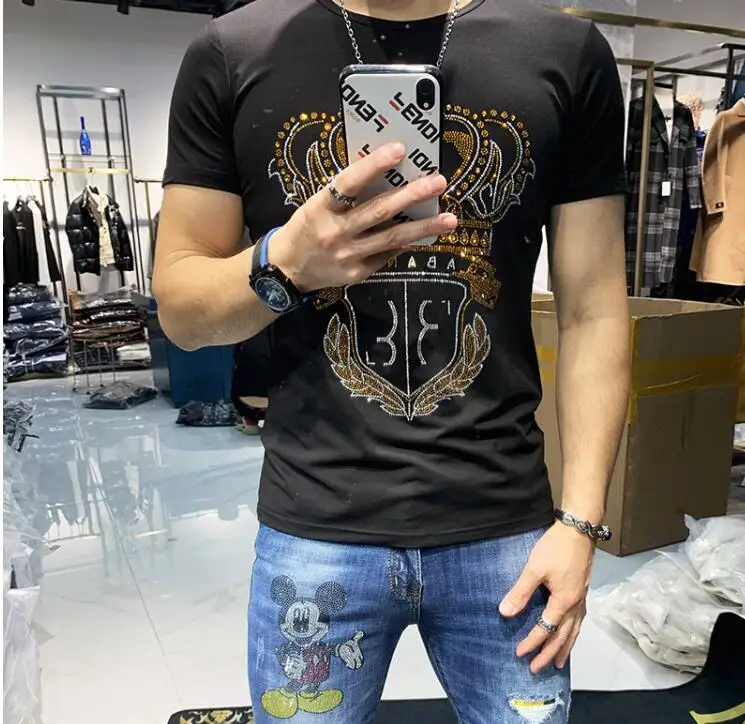 S-6XL Anime  Rhinestones top quality  Streetwear  T Shirts Mens Fashion Hot drill Clothing  Short Sleeve O Neck   Cotton