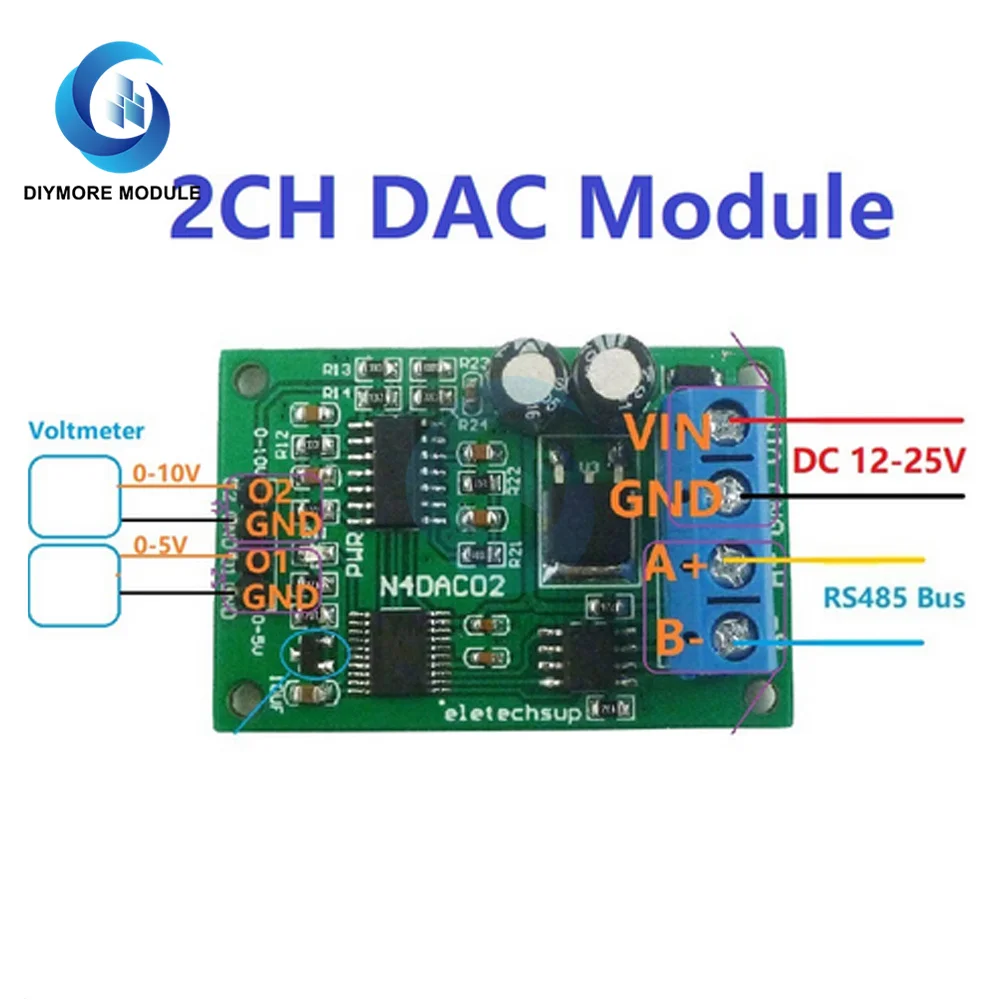 DC 12V 2CH DAC 모듈, PWM-전압 아날로그 컨버터, RS485 Modbus RTU 보드, 0-5V, 0-10V