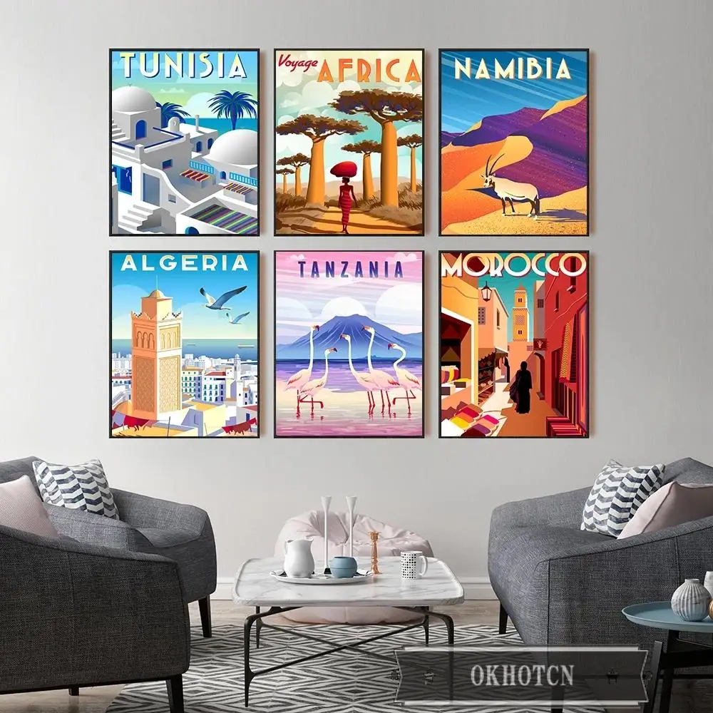 Nordic Vintage Travel Cities Poster Africa Morocco Tanzania Namibia Arabic Landscape Israel Wall Art Decorative Canvas Painting