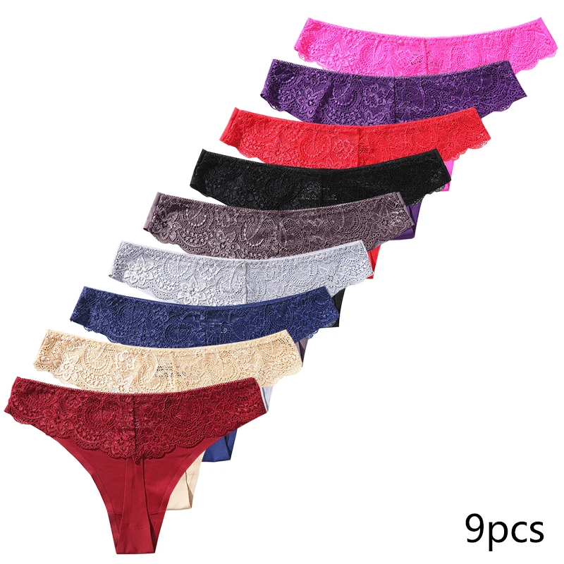 

9PCS Women's Thong lace ice silk Stitching Panties Female Underwear Sexy Lingerie stretch plus size Thongs