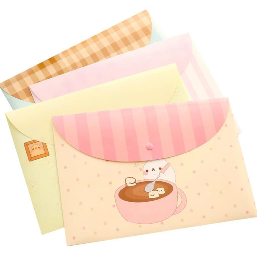 Plastic Envelopes Poly Envelopes, A4 Size Cute Pattern File Folders with Buckle Closure, Filing Envelopes for School/Home/Office