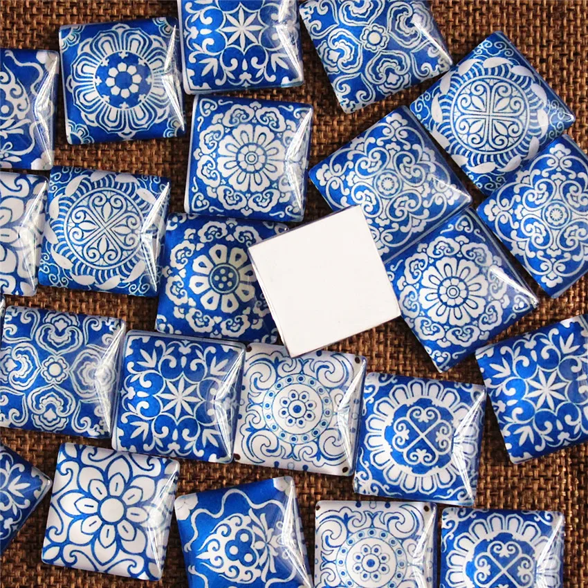 10mm 12mm 20mm 25mm Square Blue and white porcelain Random Mixed In Pairs Pattern Glass Cabochon Flatback Photo DIY Making