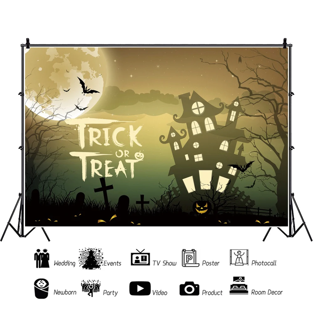 

Laeacco Trick or Treat Cartoon Castle Halloween Dark Night Forest Moon Poster Backdrops Child Baby Photography Photo Background