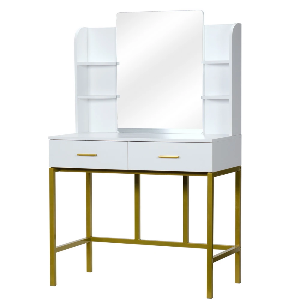 90 x 45 x 78-143.5Dressers Dressing Table  FCH Desktop Mirror With Shelf 2 Drawers  With Stool  Steel Frame Dressing Table White