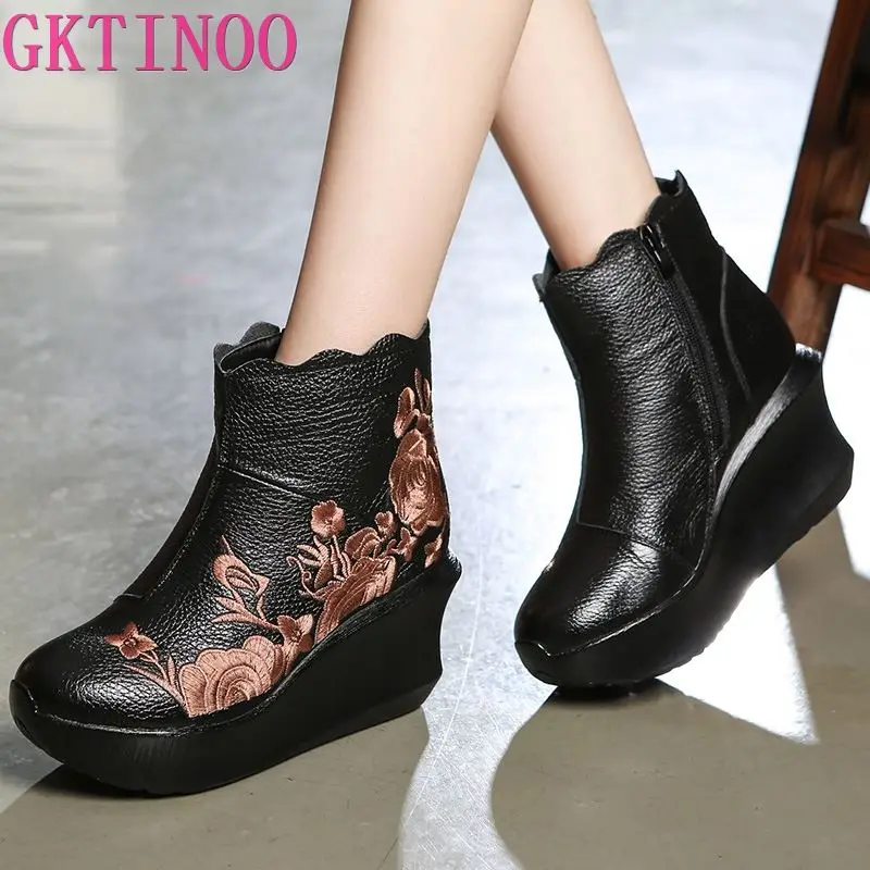 GKTINOO Embroider Handmade Boots For Women Genuine Leather Ankle Shoes Vintage Platform Women Shoes Round Toes Wedges Boots