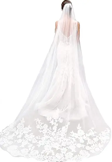 Voile de mariage Long avec peigne pour femmes, 1T, Appliques florales, dentelle, chapelle