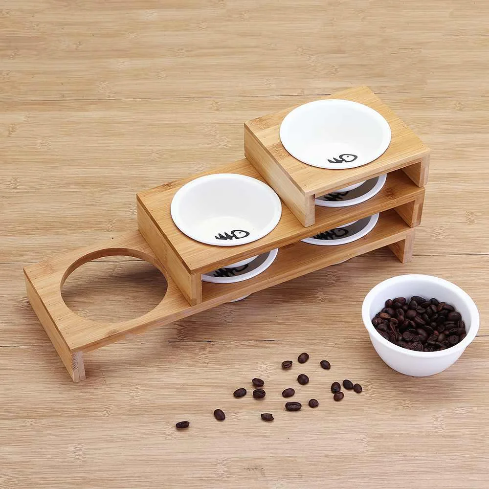 Cat Dog Feeders Bowl Ceramic Tableware 3 Bowls Pet Food Water Bowl Bamboo Frame Antiskid Pet Supplies Dog Cat Feeding Bowl