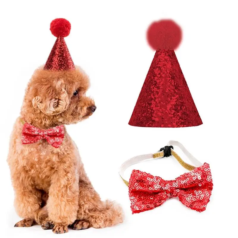 Pet Birthday Hat & Bowtie Set Cute Sparkly Pom Pom Decor Dog Birthday Set Puppy Hat Pet Clothing Accessories Pet Supplies